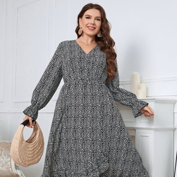 Melo Apparel Plus Size Printed V-Neck Flounce Sleeve Midi Dress - Picture 2 of 9